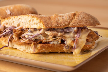 tasty melted cheese on pulled pork sandwich