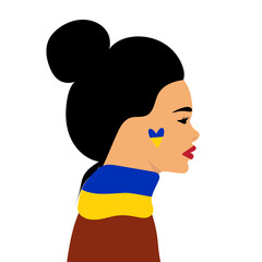 portrait of a woman with a yellow-blue heart and the flag of Ukraine on her neck.The concept of support for Ukraine by different countries and people, vector