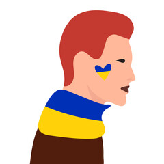 portrait of a man with a yellow-blue heart and the flag of Ukraine on his neck.The concept of support for Ukraine by different countries and people, vector, isolated