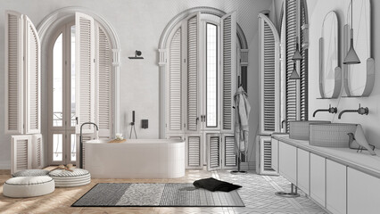Architect interior designer concept: hand-drawn draft unfinished project that becomes real, bathroom in classic apartment. Bathtub, washbasins, carpet. Minimalist interior design idea