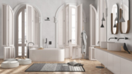 Blur background, modern bathroom in classic apartment with arched window. Freestanding bathtub, washbasins, mirrors, carpet, rack with towels. Minimalist interior design idea