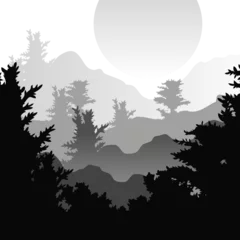 Deurstickers Monochrome Geometric Shape with Wild Forest with Tree and Mountain Silhouette © topvectors