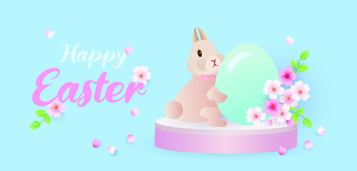 Happy Easter holiday background. Festive design with realistic 3D bunny and decorative elements. Spring flowers and Easter eggs. Banner, web poster, flyer cover, stylish brochure, greeting card.