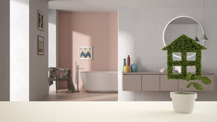 Wooden table, desk or shelf with potted grass plant, house keys and 3D letters home sweet home, over pastel bathroom with bathtub, architecture interior design, copy space background