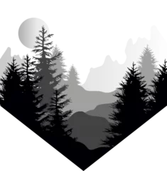 Fotobehang Monochrome Geometric Shape with Wild Forest with Tree and Mountain Silhouette © topvectors