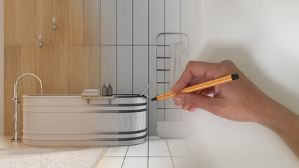 Architect interior designer concept: hand drawing a design interior project while the space becomes real, modern wooden vintage bathroom with bathtub, towel rack and decors