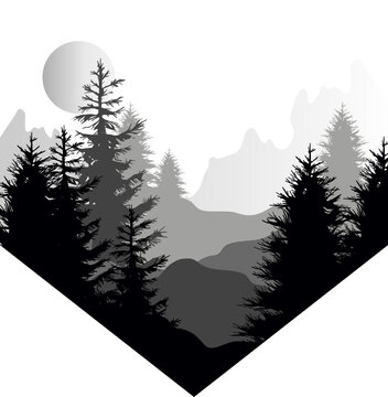 Monochrome Geometric Shape with Wild Forest with Tree and Mountain Silhouette
