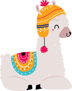 Cute Llama or Wooly Alpaca Character as Domesticated South Animal in Hat