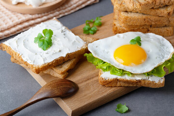 Sandwiches with curd cheese, fried egg and herbs