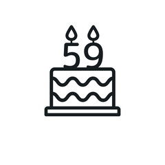 Birthday cake line icon with candle number 59 (fifty-nine). Vector.