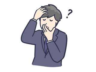 何かを思い出そうと考え込むスーツ男性のイラスト