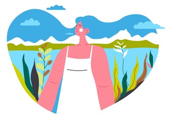 Woman traveling, female character outdoors in park