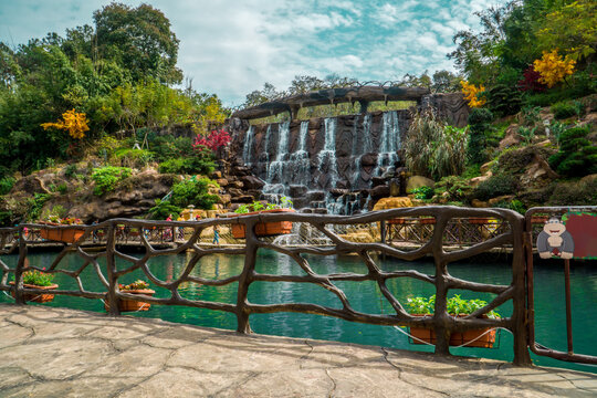 Spring sunny weather waterfall landscape