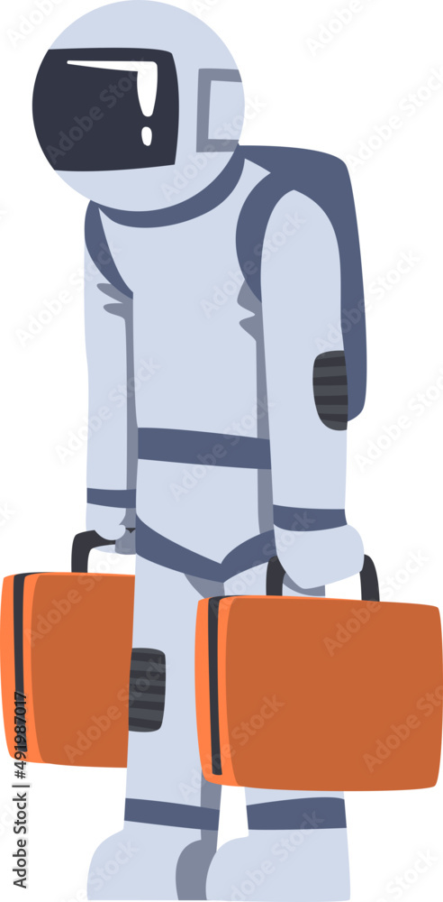 Poster man astronaut in outer space in spacesuit carrying travel trunk or suitcase