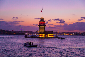 Maidens Tower at sunset, İstanbul. Beautiful clouds with blue sky. Historical light house of İstanbul