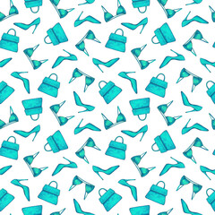 Seamless pattern with high heels glamour shoes, fashion bag, bra. Hand drawn turquoise pattern isolated on white background. Design for textile, wrapping paper, curtains, clothes, home decor.