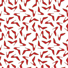Seamless pattern with high heels glamour shoes. Hand drawn red shoes pattern isolated on white background. Design for textile, wrapping paper, curtains, clothes, home decor.