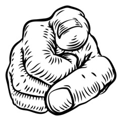 Hand Pointing Finger At You Vintage Woodcut Style