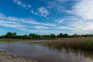 Białe chmury nad zbiornikiem wodnym, sadzawka, na horyzoncie drzewa.   © Grzegorz