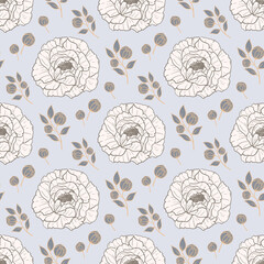 Hand drawn seamless pattern vector of flowers and leaves. Blooming Peony. Decorative floral doodle illustration for greeting card, invitation, wallpaper, wrapping paper, fabric