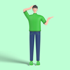 3d male character confused and annoyed with open palm showing copy space and holding hand on head