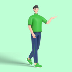 3d male character showing empty copy space on open hand palm