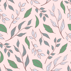 Hand drawn seamless pattern vector of leaves. Decorative floral doodle illustration for greeting card, invitation, wallpaper, wrapping paper, fabric