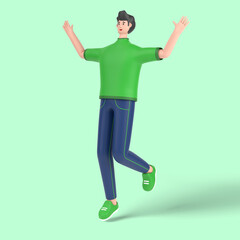 3d male character jumping and celebrates success