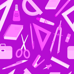 Office and school education supplies seamless pattern. Vector cartoon illustration of ruler, book, pen, pencil, notebook, bag, eraser, drawing compass, scissors. Back to school.