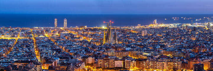 Barcelona skyline city town overview with Sagrada Familia church cathedral panorama in Spain