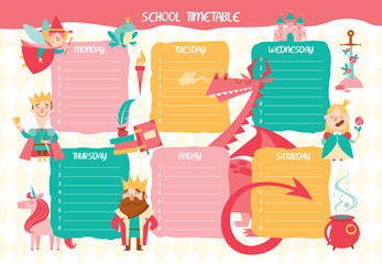 School timetable with cartoon fairytale characters.