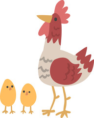 Rooster or Cock with Yellow Chick Bird as Farm Animal and Domestic Livestock Breeding