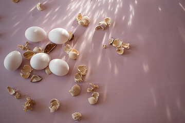 easter white eggs on a pink background with dried flowers in the sun's rays and glare, empty space, religion