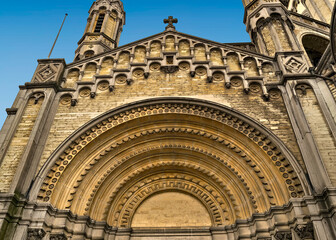 A view of the Saint Mary's Royal Church entrance portal in Brussels city, Belgium