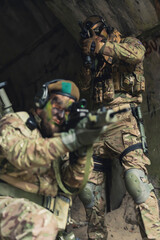 Obraz premium Surrounded by intimidating soldiers fully armed with rifles . High quality photo