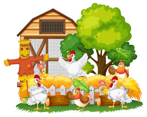 An isolated scene with a group of chickens in cartoon style