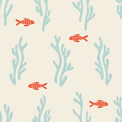 Cute vector kids seamless pattern with fishes and corals-seaweed. Blue and orange colours perfect for ocean and marine themed projects. Matching patterns available. 