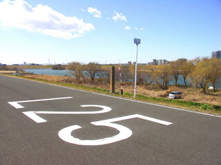 海から25キロメートルのサイクリング道路のある春の江戸川左岸土手風景