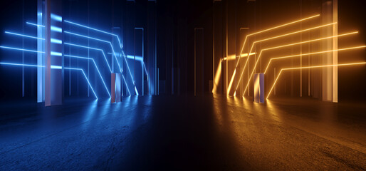 Cyber Neon Sci Fi Futuristic Room Glowing Blue Orange Glass Frosted Panels Red Vibrant Fluorescent Laser Lights Glowing Dark Corridor Hallway Glossy Concrete Grunge Stage Podium 3D Rendering