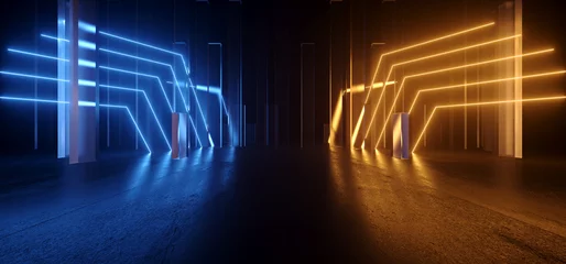 Cyber Neon Sci Fi futuristischer Raum, leuchtend blau, orange, glasmattierte Paneele, rot, leuchtende, fluoreszierende Laserlichter, leuchtender dunkler Korridor, Korridor, glänzender Beton, Grunge, Bühne, Podium, 3D-Rendering © IM_VISUALS