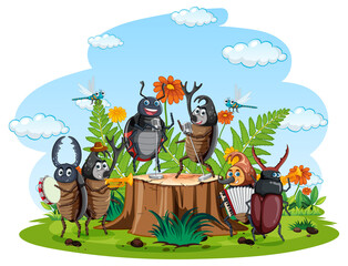 Happy insect in nature fairy tale scene