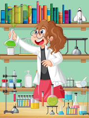 Laboratory scene with scientist cartoon character