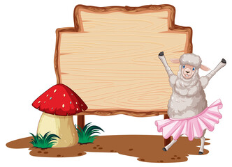 Blank wooden signboard with cute sheep
