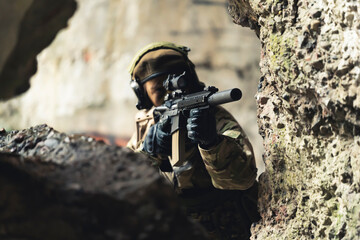 Fototapeta premium Opportunistic lady soldier not missing her chance to fire . High quality photo