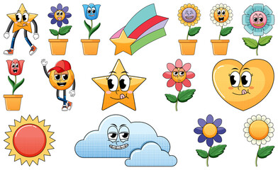 Set of facial expression with vintage style food cartoon on white background