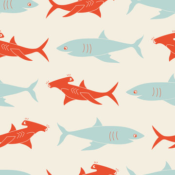 Vector kids seamless pattern design with funny sharks in earth tones. Perfect for ocean themed projects and modern clients. Cute for babies and nursery as well. Matching pattern available.