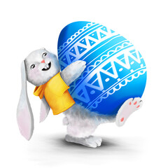 Easter bunny with blue egg. Cartoon illustration