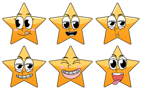 Set of facial expression vintage style star cartoon on white background