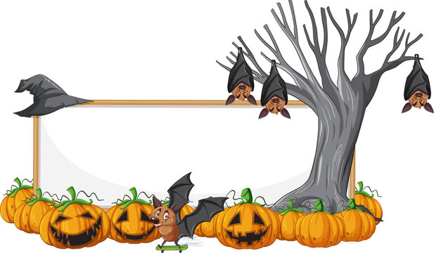Blank wooden signboard with bat in halloween theme