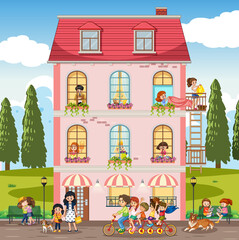 Naklejka premium Apartment windows with neighbors cartoon character